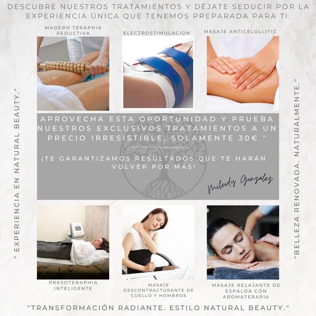 Este verano, déjate llevar por la magia de Natural Beauty! 💫✨ Nuestros exclusivos tratamientos están diseñados para ayudarte a lucir y sentirte mejor que nunca. 🌸💆♀️ Con nuestra maderoterapia 🪵reductiva, electro estimulación y masaje 💆♀️ anticelulítico, te despedirás de esos centímetros 📏de más y darás paso a una silueta de ensueño. 🌟💃 Además, disfruta de nuestra presoterapia para mejorar la circulación 🦵y reducir la retención de líquidos. Y para un completo bienestar 😊nuestros masajes decontracturantes y relajantes con aroma terapia te brindarán un alivio instantáneo en cuello, hombros y espalda. ✨🌺 Este verano☀️ ¡es tiempo de cuidarte y brillar con Natural Beauty! ✨💖 NaturalBeauty BienestarTotal VeranoRadiante" CuidadoPersonal veranos EstéticaProfesional Veranosinlímites BienestarInterior CentrodeRelajación CuerpoyMenteSana TratamientosExclusivos Sienteladiferencia NaturalBeautyexpert Sentirsebien Este verano, déjate llevar por la magia de Natural Beauty! 💫✨ Nuestros exclusivos tratamientos están diseñados para ayudarte a lucir y sentirte mejor que nunca. 🌸💆♀️ Con nuestra maderoterapia 🪵reductiva, electro estimulación y masaje 💆♀️ anticelulítico, te despedirás de esos centímetros 📏de más y darás paso a una silueta de ensueño. 🌟💃 Además, disfruta de nuestra presoterapia para mejorar la circulación 🦵y reducir la retención de líquidos. Y para un completo bienestar 😊nuestros masajes decontracturantes y relajantes con aroma terapia te brindarán un alivio instantáneo en cuello, hombros y espalda. ✨🌺 Este verano☀️ ¡es tiempo de cuidarte y brillar con Natural Beauty! ✨💖 NaturalBeauty BienestarTotal VeranoRadiante" CuidadoPersonal veranos EstéticaProfesional Veranosinlímites BienestarInterior CentrodeRelajación CuerpoyMenteSana TratamientosExclusivos Sienteladiferencia NaturalBeautyexpert Sentirsebien