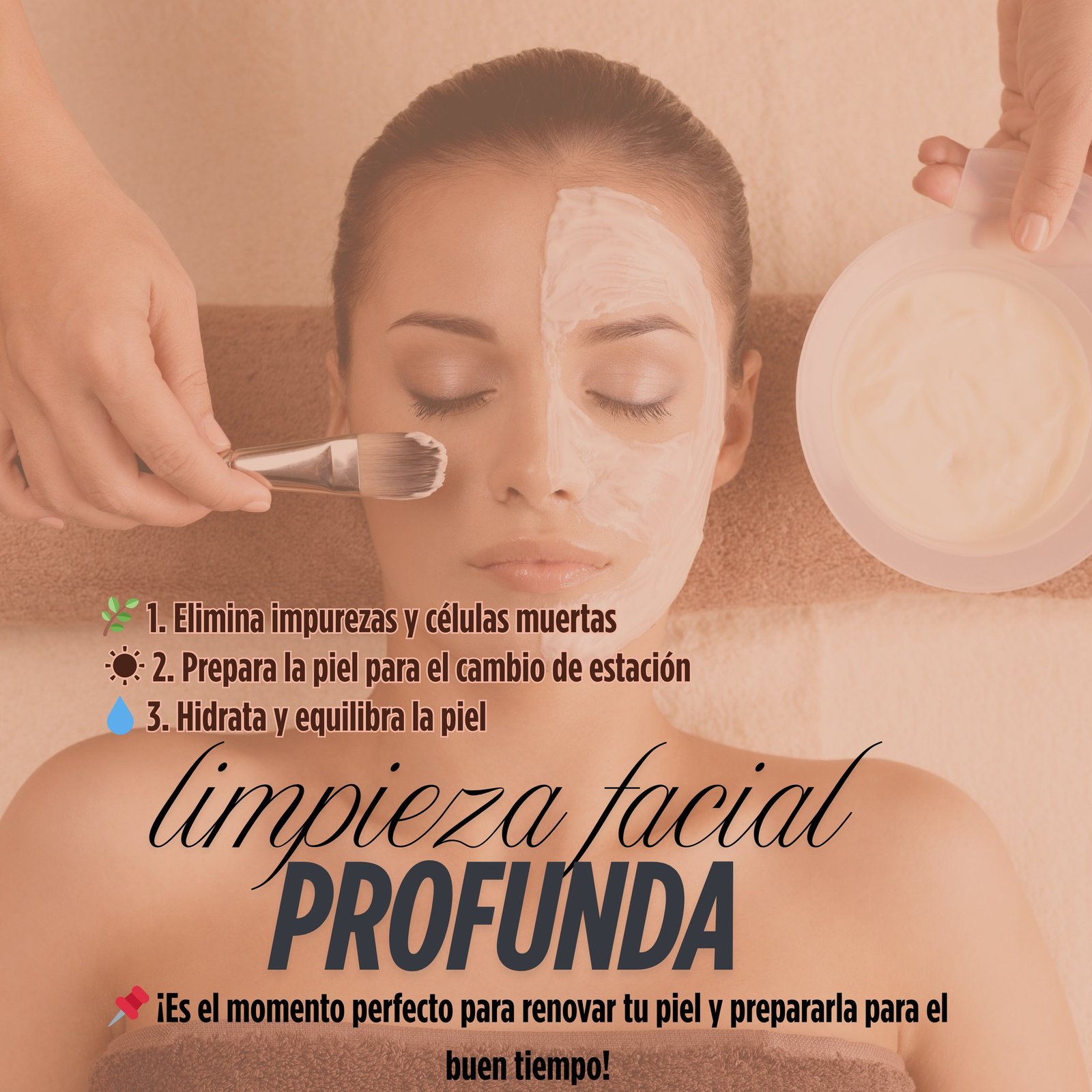 Te explicamos los beneficios de una limpieza facial profunda en primavera:

🌿 1. Elimina impurezas y células muertas
Durante el invierno, la piel acumula células muertas y residuos que pueden obstruir los poros. Una limpieza profunda ayuda a renovarla y a que respire mejor.

☀️ 2. Prepara la piel para el cambio de estación
Con la llegada del calor y la mayor exposición al sol, es importante tener una piel limpia y equilibrada para absorber mejor los tratamientos y el protector solar.

💧 3. Hidrata y equilibra la piel
Los cambios de temperatura pueden deshidratar la piel. Una limpieza profunda ayuda a recuperar su hidratación y a mantenerla fresca y luminosa.

✨ 4. Reduce puntos negros y exceso de grasa
Con la primavera, la piel puede producir más grasa. La limpieza facial profunda regula el sebo, reduce la aparición de puntos negros y mejora la textura de la piel.

🧴 5. Mejora la absorción de productos
Después de una limpieza profunda, la piel está lista para recibir tratamientos específicos como sérums, cremas hidratantes y antioxidantes, potenciando sus efectos.

🌸 6. Piel más luminosa y fresca
Al eliminar impurezas y estimular la circulación, tu rostro lucirá más radiante, uniforme y saludable, justo a tiempo para la primavera.

📌 ¡Es el momento perfecto para renovar tu piel y prepararla para el buen tiempo!

Si quieres agendar tu limpieza facial profunda, en Natural Beauty tenemos los mejores tratamientos personalizados para ti. 