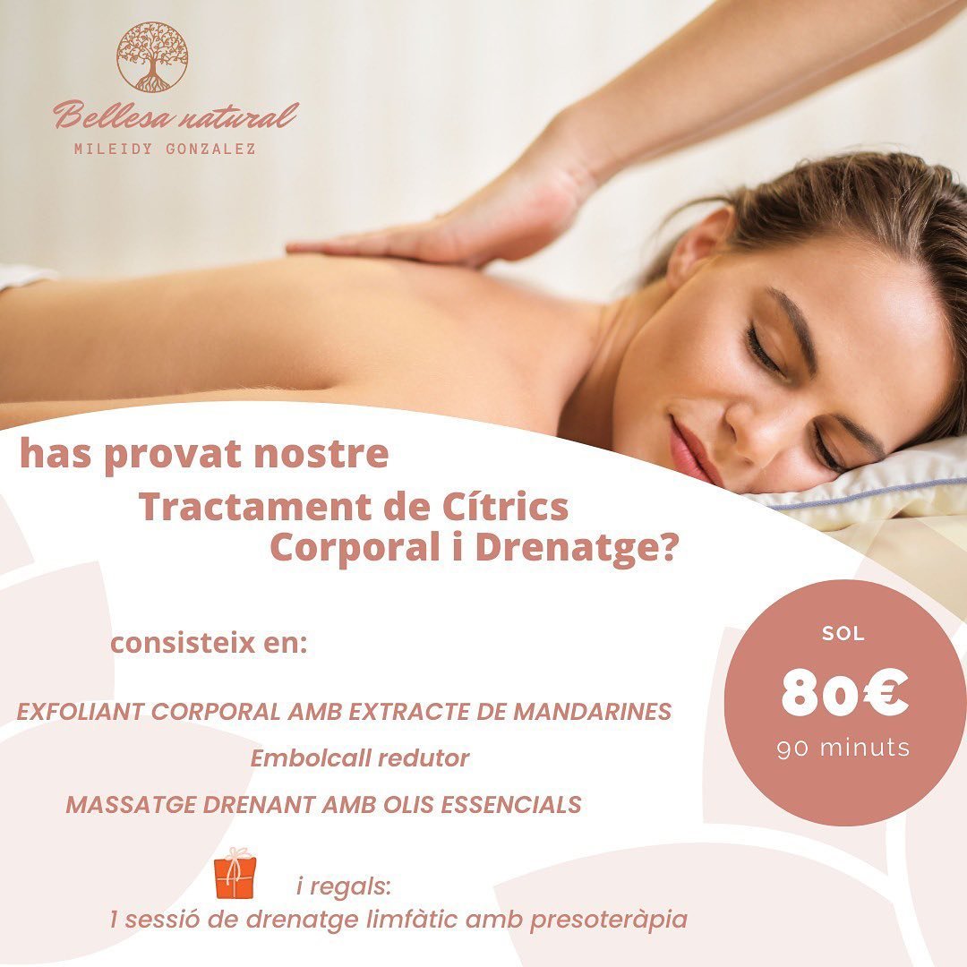 Vine a gaudir 90 minuts de tractaments, amb el nostre ritual i deixa't portar amb l'experiència de…

😊 El nostre Tractament de Cítrics Corporal i Drenatge és una experiència única i refrescant per al cos.💆‍♀️ Començant amb un exfoliant corporal a base d'extracte de mandarines 🍊 que elimina les cèl·lules mortes i suavitza la pell. 🧽Després, s'aplica un embolcall reductor que ajuda a tonificar i reduir l'aparença de cel·lulitis.

🤩 Finalment, es completa el tractament amb un massatge drenant 💆‍♂️amb olis essencials 🧴que ajuda a reduir la retenció de líquids i millorar la circulació.

♣️ Aquest tractament combina l'aromateràpia amb tècniques especialitzades per a brindar als nostres clients una experiència relaxant i rejovenidora. 💃🕺

💎Vine i prova el nostre Tractament de Cítrics 🍊 Corporal i Drenatge per a sentir-te renovat i revitalitzat! 🏃‍♂️🏃‍♀️

#naturalbeauty
#bellezanatural
#Cuidaturostro
#andorralover
#tuestetica
#nosencantacuidardeti
#siempremasbellas
#cuidarsenuncaasidotanfacil
#peeling #skin
#skincare #antiaging #skintreatment
