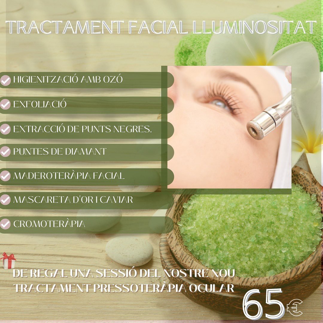Aconsegueix un rostre lluminós i radiant amb el nostre Tractament Facial de Lluminositat!

🍀🍀 Comencem amb una higienització profunda amb ozó per a eliminar impureses i preparar la pell.

🍀🍀🍀🍀 Després, realitzem una exfoliació suau per a eliminar cèl·lules mortes i una extracció de punts negres amb la tècnica de punta de diamant.

🍀🍀🍀 Continuem amb una relaxant sessió de maderoterapia facial que ajuda a millorar la circulació i tonificar els músculs del rostre. I per a finalitzar, apliquem una màscara d'or i caviar que aporta hidratació i nutrició, i realitzem cromoterapia per a una relaxació total.

♣️ ¡La teva pell lluirà radiant i revitalitzada!

📲☎️ 624709/ 812666

#naturalbeauty
#bellezanatural
#Cuidaturostro
#andorralover
#tuestetica
#nosencantacuidardeti
#siempremasbellas
#TratamientoFacial #Luminosidad #CuidadoFacial #EsteticaNatural #PielRadiante